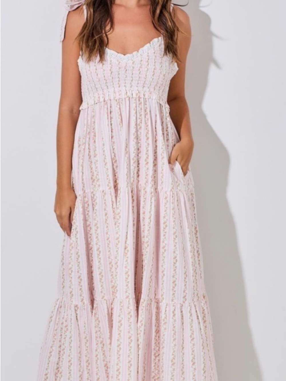 Tie-Shoulder Light Pink Floral Maxi Dress with Smocked Bodice